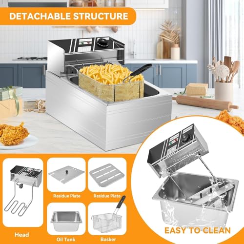 Friggitrice Professionale in Acciaio Inox con Controllo della Temperatura, cestello e Coperchio, Facile da Pulire per cucine Professionali e ristoranti, 5,5 l e 5,5.5L