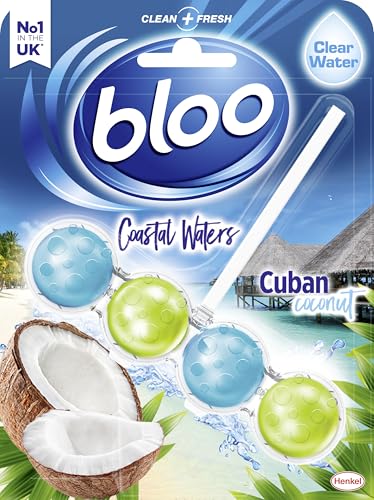 Bloo Toilet Rim Block Coastal Waters Cuban Coconut (50g), Clear Water Toilet Rim Block with Fresh Coconut Scent, with Anti-Limescale Formula Rimblocks