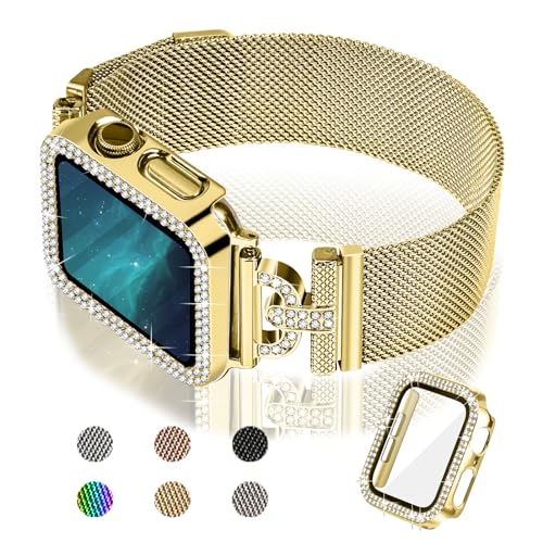 Joyozy Magnetic Band Compatible with Apple Watch Band 38mm 40mm 41mm 42mm 44mm 45mm Milanese Strap with Bling Glitter Case and Screen Protector Dressy Stainless Steel iWatch Loop for Women (Gold 40mm)