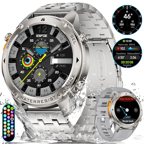 ESFOE Militar Reloj Inteligente Hombre GPS,1.43' AMOLED Smartwatch Hombre con 5ATM&IP69K Impermeable,45 Días Larga Batería,Altitude Brújula,170+Deporte Modos Smartwatch con Llamadas Bluetooth Plateado