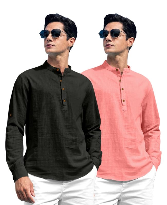 Image of ROYALSCOUT Combo of Men's Solid Cotton Blend Full Sleeve Straight Kurta Shirt (Pack of 2)