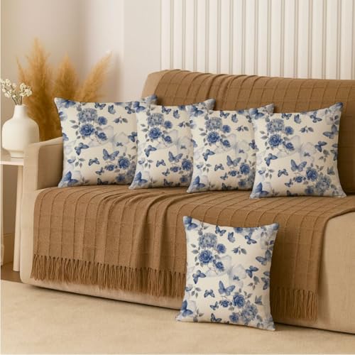 Image of Jaipur Weaves Cushion Cover 16 Inch X 16 Inch - Set of 5, Butterfly Print 180 GSM Decorative Soft Cushion Covers for Sofa /Bed /Chair, Gift for Home Decor (Blue Butterfly, 5)