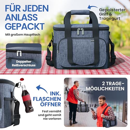 HELDENWERK® Kühltasche groß faltbar – 12h Kühlleistung – Thermotasche auslaufsicher & wasserdicht – Kühlbox, Picknicktasche, Lunchtasche, Isoliertasche mit 6 Fächern & verstärktem Boden