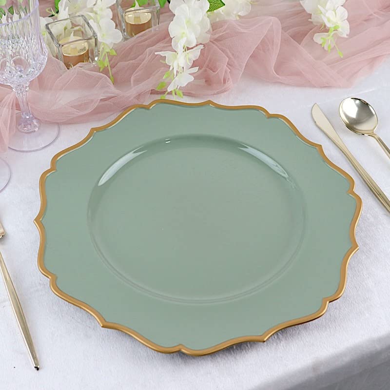 Balsa Circle 6 Metallic 13 in Dusty Sage Round Acrylic Charger Plates | 13-Inch Scalloped Trim Serving Dinnerware Set for Dinner Wedding Party Reception Catering Decorations