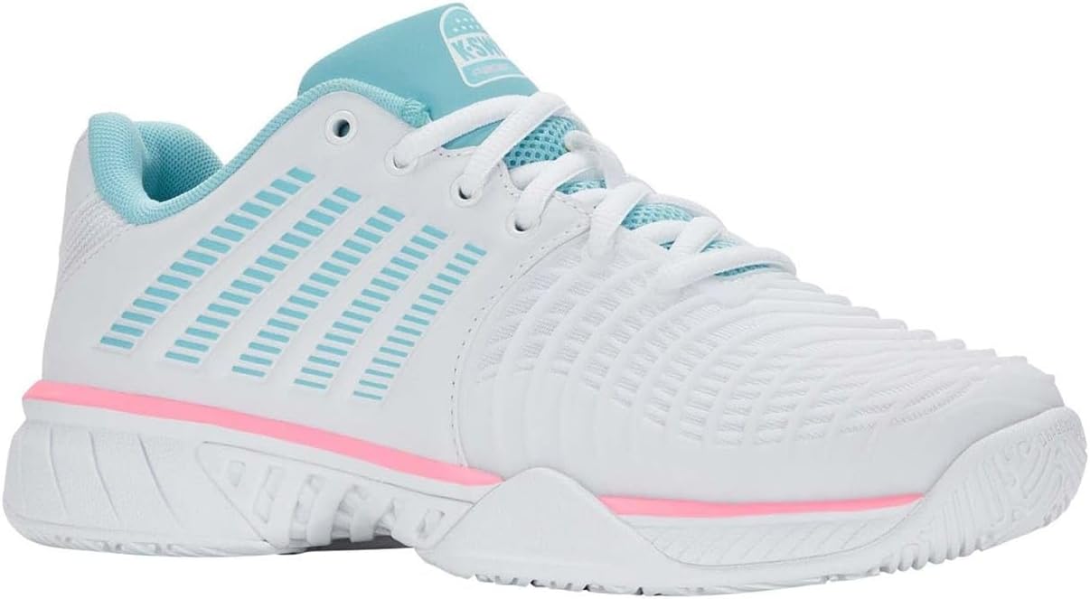 K-Swiss Women's Express Light 3 HB Padel Shoes (White/Soft Neon Blue/Neon Bubble Gum)