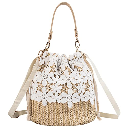 Anopo Borsa di Paglia a Tracolla Borsa di Vimini da Donna in Pizzo Corda Borsetta Intrecciata Estate Rattan Borsa Boho Holiday Secchiello Fiore