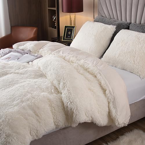 EMME Plüsch Bettwäsche Set 135x200cm Biber Flauschige Bettdecke Set für Bett Shaggy und Plüsch weiche Bettwäsche Bettbezüge und 1 Kissenbezug 80x80cm, Weiß