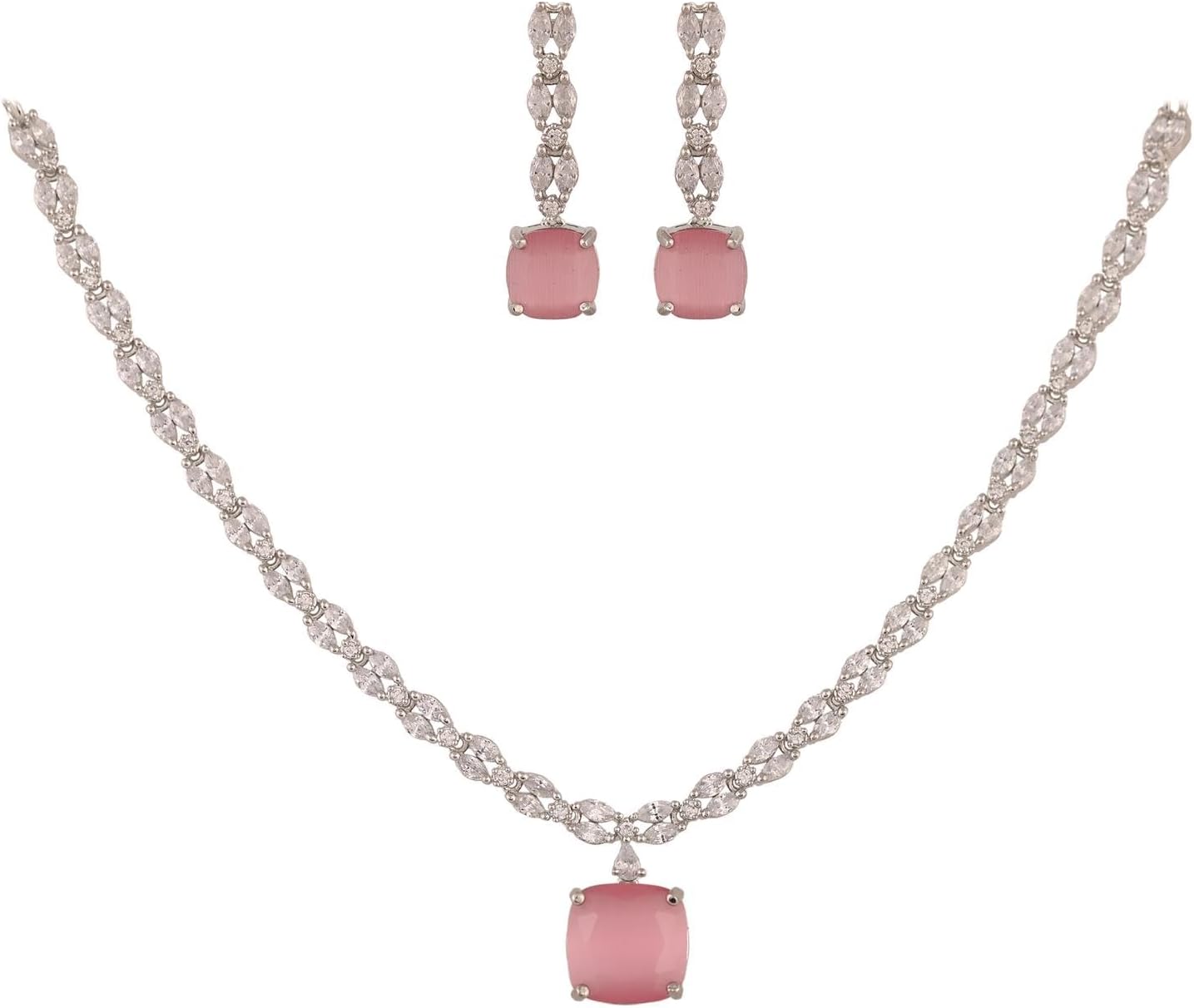 Ratnavali Jewels Women's Silver Tone Red Pink Cubic Zirconia Necklace Earrings Set for Brides & Weddings.