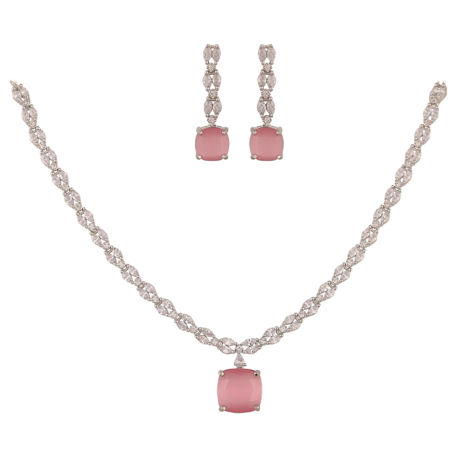 Ratnavali Jewels Brass Silver Plated American Diamond Cubic Zirconia Studded Pendant Drop Necklace Jewellery Set With Dangler Earrrings For Women/Girls