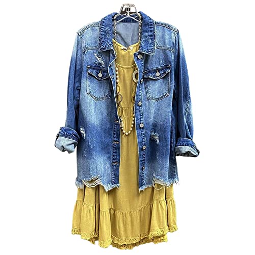Women Denim Shirt Jacket Long Sleeve Shacket Coat Distressed Washed Ripped Frayed Hem Jean Jacket