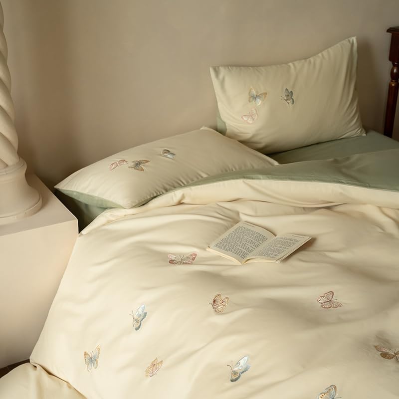 Sage Butterfly Bedding Set - Reversible 100% Brushed Cotton with 146,800-Stitch Embroidery, Full (Pale Green & Ivory Reverse)