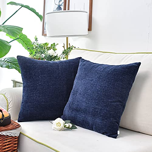 CaliTime Cushion Covers Pack of 2 Cozy Throw Pillow Covers Cases for Couch Sofa Home Decoration Solid Dyed Soft Chenille 60cm x 60cm Navy Blue - Image 4