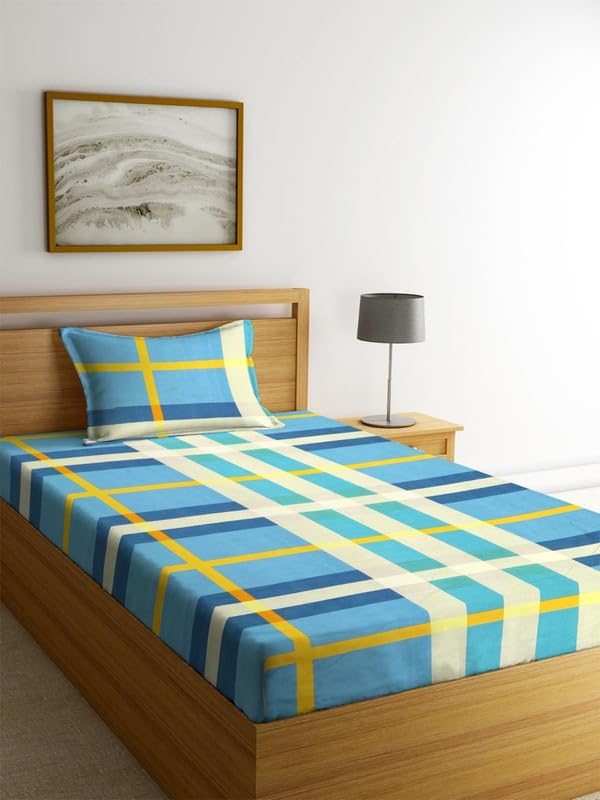 Image of la' amour Cotton Printed 160 tc Flat Single Bedsheets for Summer with Pillow Cover Breathable | Wrinklefree (Size-60 X 90 Inch) Floral, Mint Forest Blue