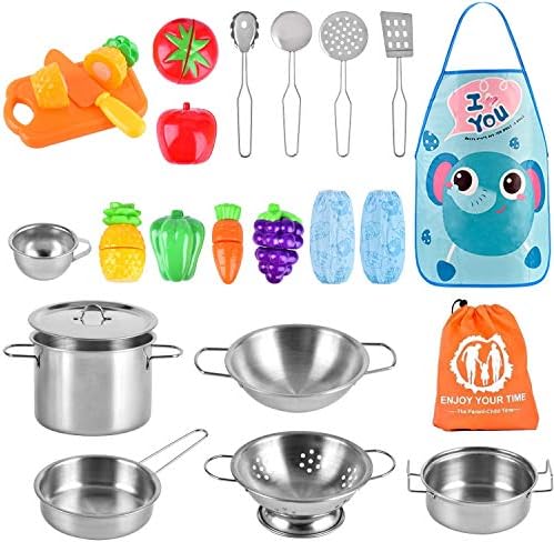 Kids Kitchen Pretend Play Toys Kitchen Toy with Stainless Steel Cookware Pots and Pans Set, Cooking Utensils, Apron, Cutting Vegetables for Boys, Girls and Toddler Gifts Educational Learning Tool