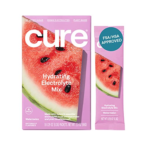 Cure Hydrating Electrolyte Mix | Powder For Dehydration Relief | Fsa & Hsa Eligible | Made With Coconut Water | No Added Sugar | Vegan | Paleo Friendly | Box Of 8 Packets - Watermelon #TOP6