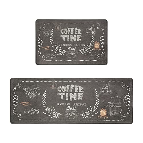 Navaris Cushioned Anti-Fatigue Floor Mat - Set of 2 - Waterproof Kitchen Floor Mats - 12mm (1/2") Thick PVC Kitchen Rugs - "Coffee Time" Design