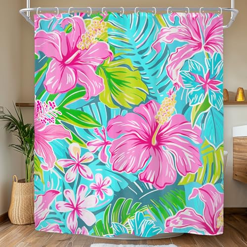 Riyidecor Tropical Hot Pink Floral Shower Curtain for Bathroom Decor 60Wx72H Flowers Green Leaves Palm Leaf Botanical Hibiscus Mostera Art Printed Fabric Polyester Waterproof 12 Pack Plastic Hooks