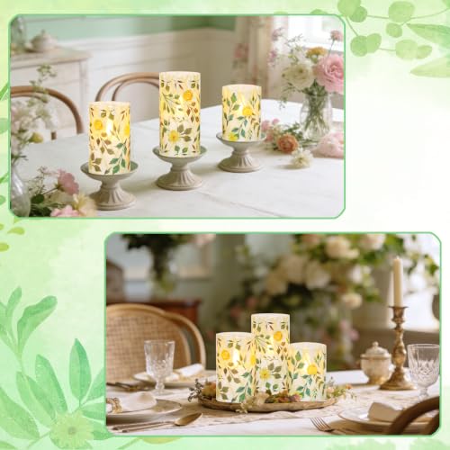 Image of Flameless LED Candles with Remote Control and Timer, Yellow Flower Green Grass Design, Glass Pillar Candles, Set of 3