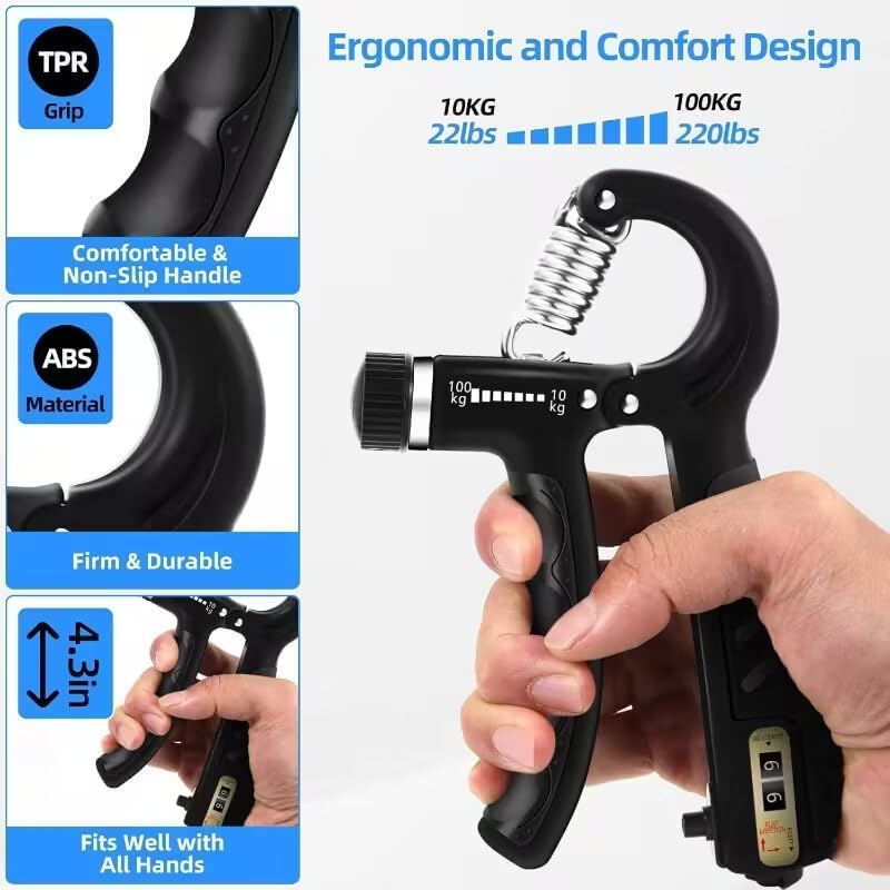Image of Adjustable Hand Grip Strengthener with Counter (100kg) | Hand Gripper for Men & Women | Forearm, Finger & Wrist Exercise Equipment for Home Gym Workout (Black)