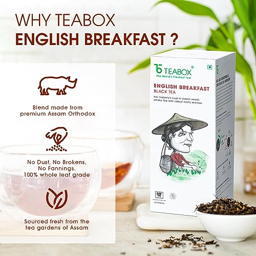 Image of Teabox English Breakfast Tea, 25 Individually Wrapped English Breakfast Black Tea Bags, Sourced Fresh from Assam, Caffeine Black Tea, Rich and Robust in Taste, Sweet Aroma of Malt and Honey