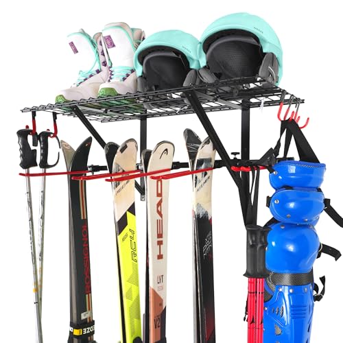 Mythinglogic Wall Mounted Ski Rack Ski and Snowboard Storage Rack for Garage/Shed Large Capacity Ski Equipment Holder with Top Shelf