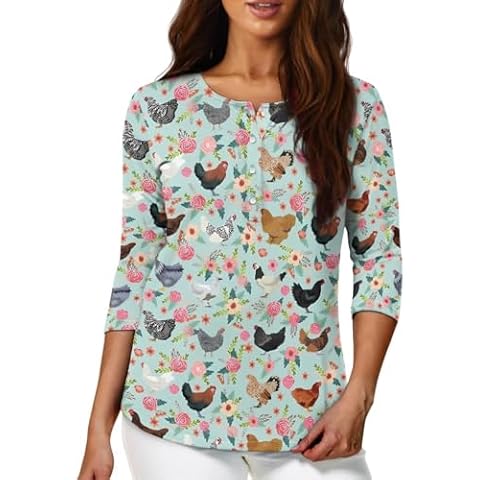 Renewold Womens Tops Floral Chickens Fashion Print Women's Fashion Tees Blouses Button Up T-shirt Casual Henley Shirts 3/4 Sleeves Pullover Sweatshirt Clothes for Outdoor Indoor Size L Cover