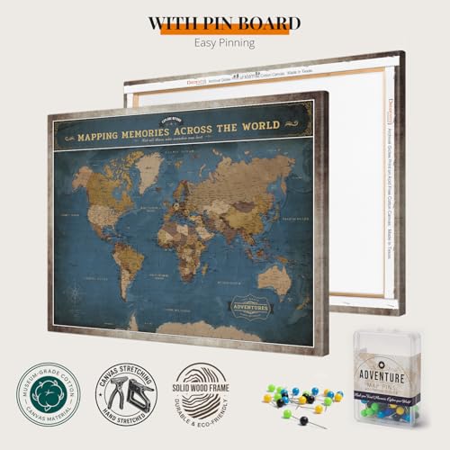 Image of DECORARTS - World Travel Map with Pins, Pin Board Canvas Wall Art, Modern Navy Blue Maps for Wall Decor, Giclee Print on Canvas, Handcrafted in USA, 20x16''