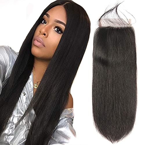 DAIMER Free Part 5x5 Lace Closure Straight Wave Unprocessed Brazilian Virgin Human Hair With Baby Hair For Women Natural Black（20 Inch）