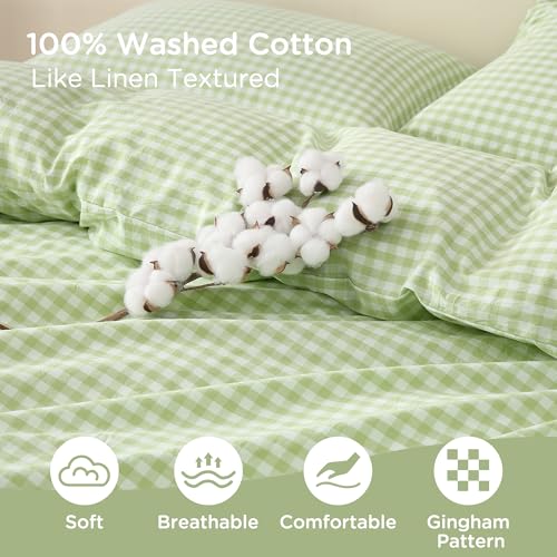 Image of TOCOMOA Plie Green Gingham Duvet Cover Bedding Set 100% Washed Cotton Like Linen Feel Super Soft Comfy 3 Piece Vintage Plaid Checkered Comforter Cover Set (King 104 inchx90 inch, Comforter Not Included)