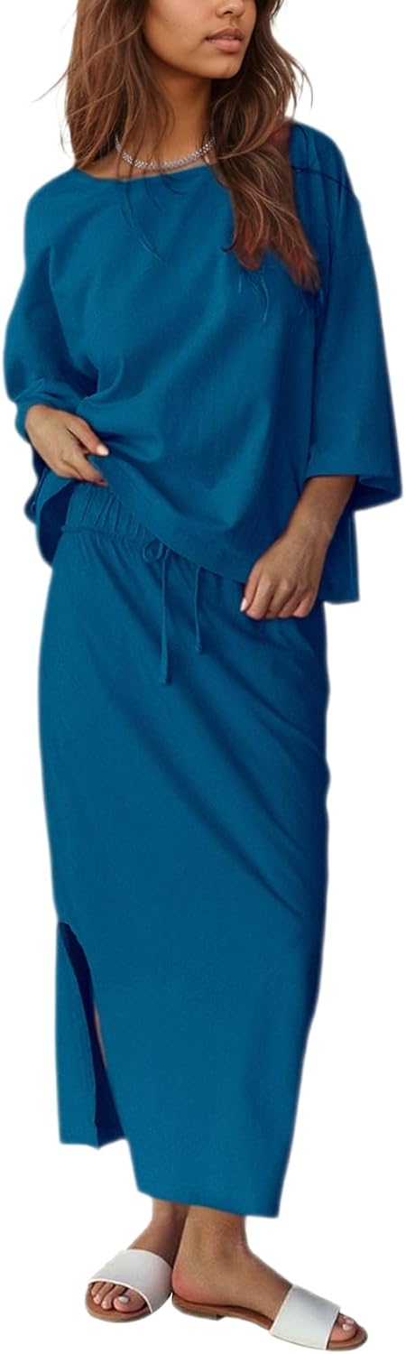 Halfword 2 Piece Sets for Women Oversized Shirt and Maxi Skirt Set Vacation Clothes Casual Lounge Set with Pockets