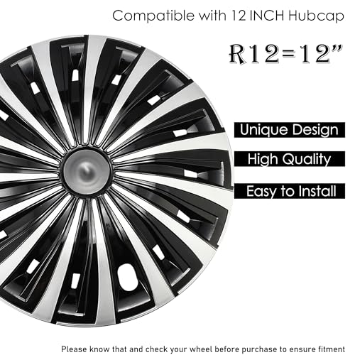 Image of Wind Black with Silver Hubcap Wheel Cover Replacement Kit 12 inch Hub Caps Wheel Rim Cover Car Exterior Accessories Pack of 4, 12 inches