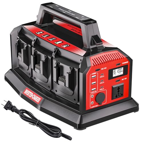 Adisipsoarin 1200W Power Inverter & 6A Rapid Charger for Milwaukee M18 18V Battery 6-Port DC to AC 120V Converter 3 USB-A + 3 USB-C LED Light for Camping Travel Emergencies(Battery not included)