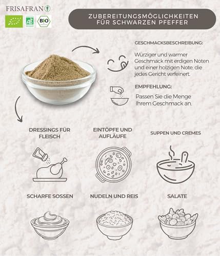 FRISAFRAN | Gemahlener Schwarzer Pfeffer Bio 100g | Reiner Pfeffer | gemahlen schwarzer Pfeffer | 100% ökologisch-natürlich | Intensiver Geschmack | Ideale Eintöpfe | Ohne Zusatzstoffe | Veganer