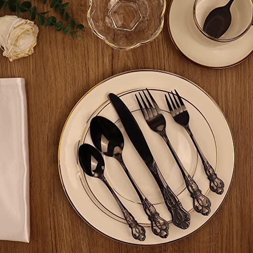 Runfly Gorgeous Retro Royal Black Stainless Steel 20 Pieces Flatware Set, Black Silverware Set, Anti-Rust Stainless Steel Dark Cutlery Set Utensils Including Fork Spoon And Knife #TOP5