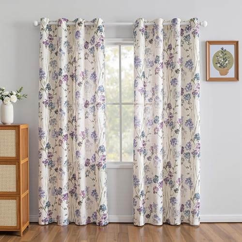 Image of MYSKY HOME Floral Linen Curtains 84 inch Long 2 Panels Set for Living Room Semi Sheer Light Filtering Privacy Protect Farmhouse Grommet Drapes, Purple, 52 inch Wide Each Panel, 2 Pcs