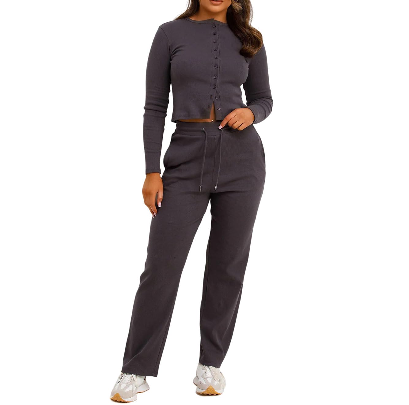 Stylewear Women's Charcoal Long Sleeve Button Up Ribbed Cardigan Top And Flared Bottom Pocket Trouser Lounge Wear Tracksuit Winter Wear 2Pc Co Ord Set
