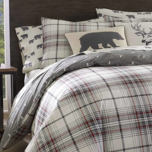 Image of Eddie Bauer - King Duvet Cover Set, 100% Soft & Smooth Reversible Cotton Percale Bedding, 3 Piece Plaid Bed Set with Matching Pillowcases (Alder Plaid Grey /Red)