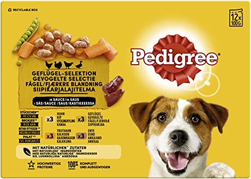 Pedigree® Portionsbeutel Multipack Adult Geflügel-Selektion in Sauce 4 Varietäten mit Huhn, Truthahn, Geflügel, Ente 1 x 12x100g