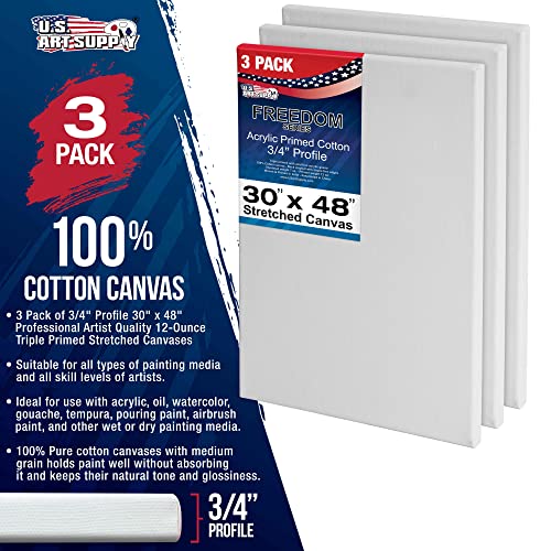 U.S. Art Supply 30 x 48 inch Stretched Canvas 12-Ounce Triple Primed, 3-Pack - Professional Artist Quality White Blank 3/4" Profile, 100% Cotton, Heavy-Weight Gesso - Acrylic Pouring, Oil Painting by U.S. Art Supply - Image 2