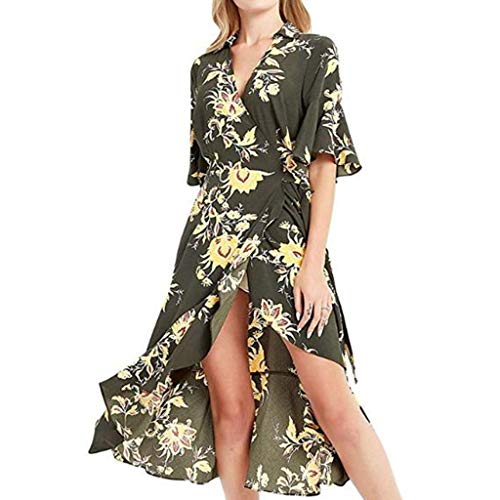 Aotifu Womens 3/4 Sleeve V Neck Floral Print Faux Wrap Long Maxi Dress awaiian Beach Dress Boho Floral Maxi Sundress (Green,XL)
