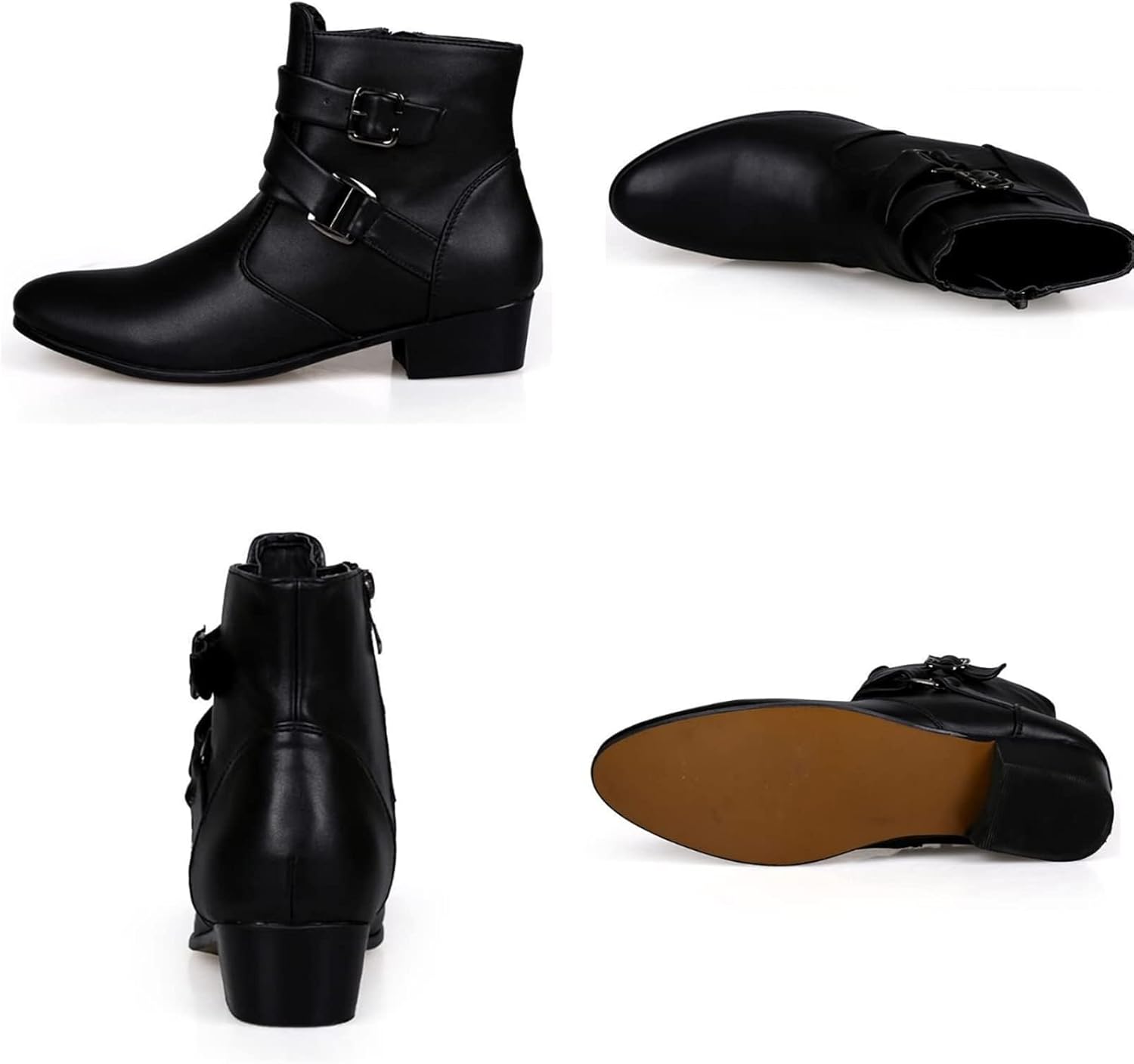 PURCHAWEE Men's Leather Pointed Toe Chelsea Boots,Buckle Straps Side Zipper Chunky Low Heel Western Formal Dress Boots Ankle Boots - Image 6