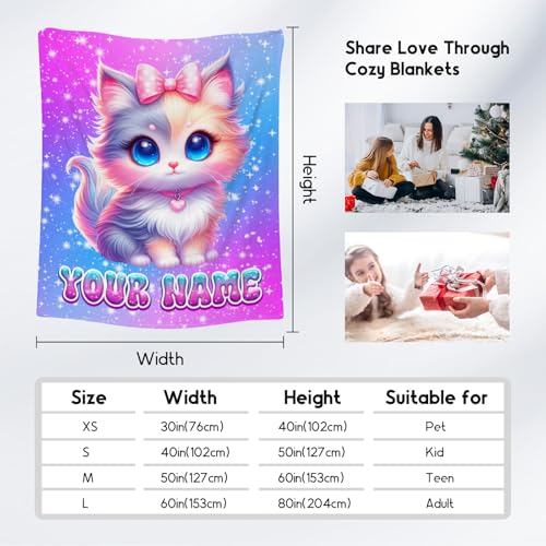 Girls Blanket Gifts - Customize Blanket with Cat for Cat Lovers - Comfy Cozy Flannel Throws for Couch, Office 4 Sizes