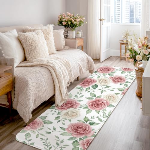 Alfombra rectangular antideslizante con estampado romántico de rosas y hojas 2