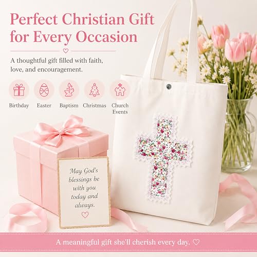 Image of Christian Tote Bag Gift for Women, Canvas Bible Bag Handmade Floral Cross | Christian faith-inspired gift, handcrafted cross with lace, inner pocket, snap closure, bottom gusset, church Bible study use