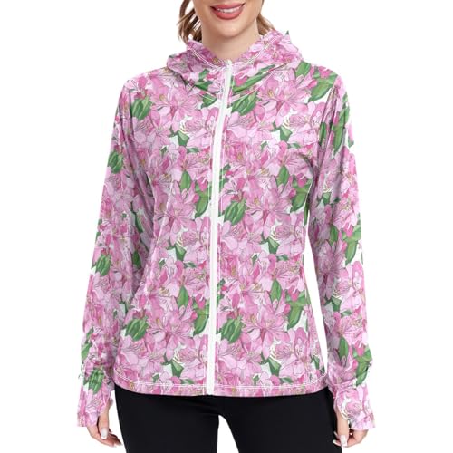 Women's Sun Protection Lightweight Hoodie Jacket Zip Up Jackets for Women UPF 50+ Clothing for Hiking Golf Cycling M Pink Flowers Spring