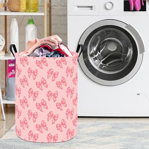 Image of Laundry Hamper Large Canvas Fabric Storage Basket Pink bowknots