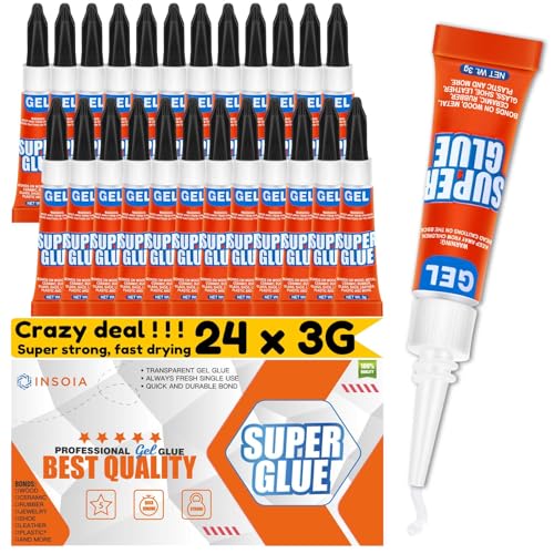 Super Glue Gel Clear Non-Drip, 24 X 3g All Purpose Strong Adhesive Ca Glue Quick Dry Instant Glue for Plastic, Metal, Ceramic, Shoe, Wood, Leather, Model, Aquarium, Rhinestone, Jewelry and DIY Crafts