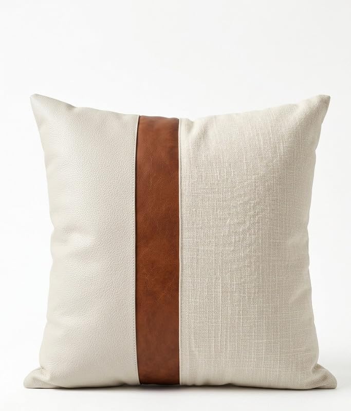 Premium Faux Leather and Textured Cotton Blend Cushion Cover – Modern Minimalist Decorative Throw Pillow Case for Luxury Living Room and Sofa Decor-18X18-image-4