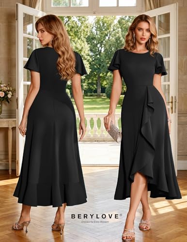 Image of BeryLove Women Formal Party Dress Flutter Short Sleeve Wedding Cocktail Long Evening Dress