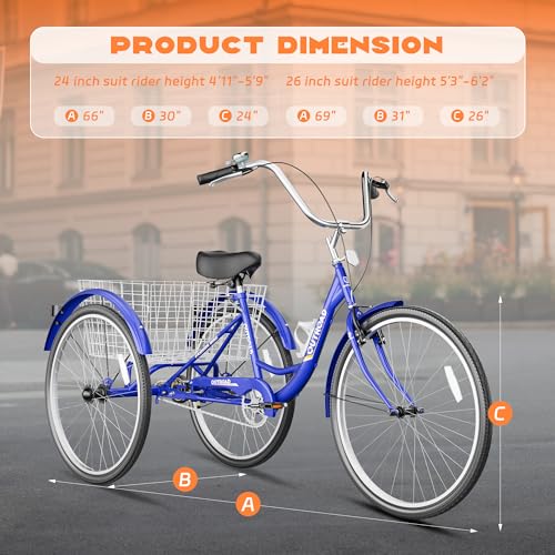 Image of Max4out Adult Tricycle with Large Basket 24 /26 Inch, Stable 3 Wheel Cruise Bicycle for Shopping, Beach and City Trike Perfect for Men, Women, Seniors(Blue /Purple /Red)